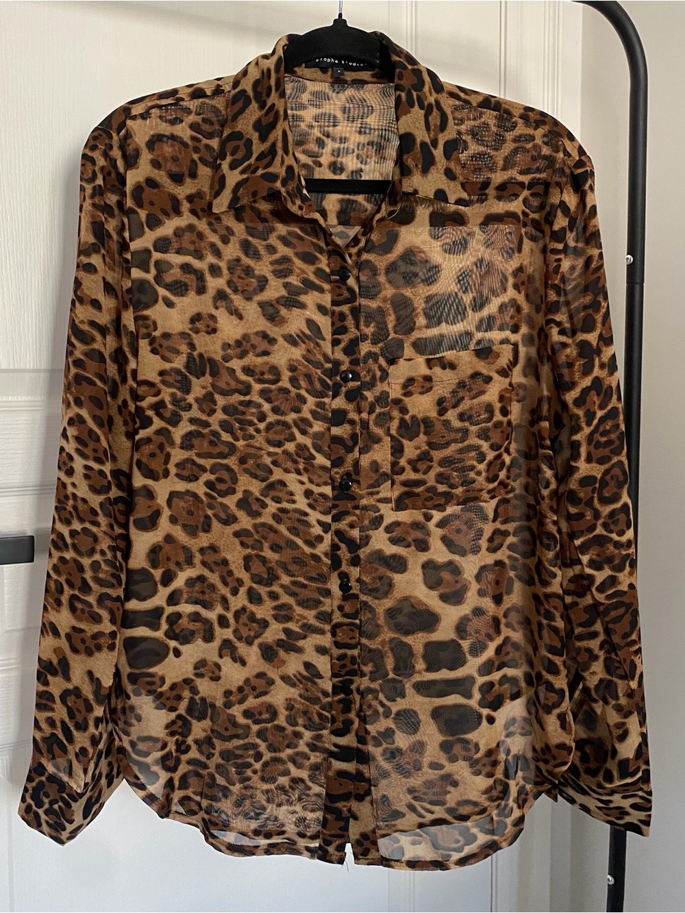Sheer Leopard Print Button-Up Blouse